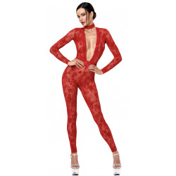 Combinaison Decolleté Vertige Dentelle Transparente Rouge Lovebite