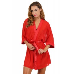 Déshabillé Peignoir Kimono Micro Résille et Satin Rouge