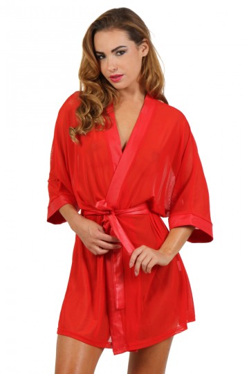 Déshabillé Peignoir Kimono Micro Résille et Satin Rouge