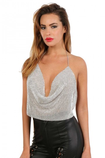 Top Dos Nu Sexy Strass Maille Argentée