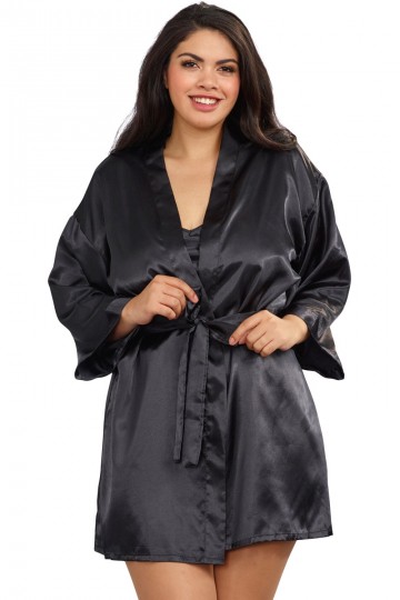 Nuisette et Peignoir Satin Noir Grande Taille