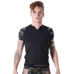 T Shirt Taille XL Noir Sexy Manches Camouflage Col Rond Ouvert