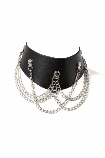 Collier Fetish Chainettes Simili Cuir Noir